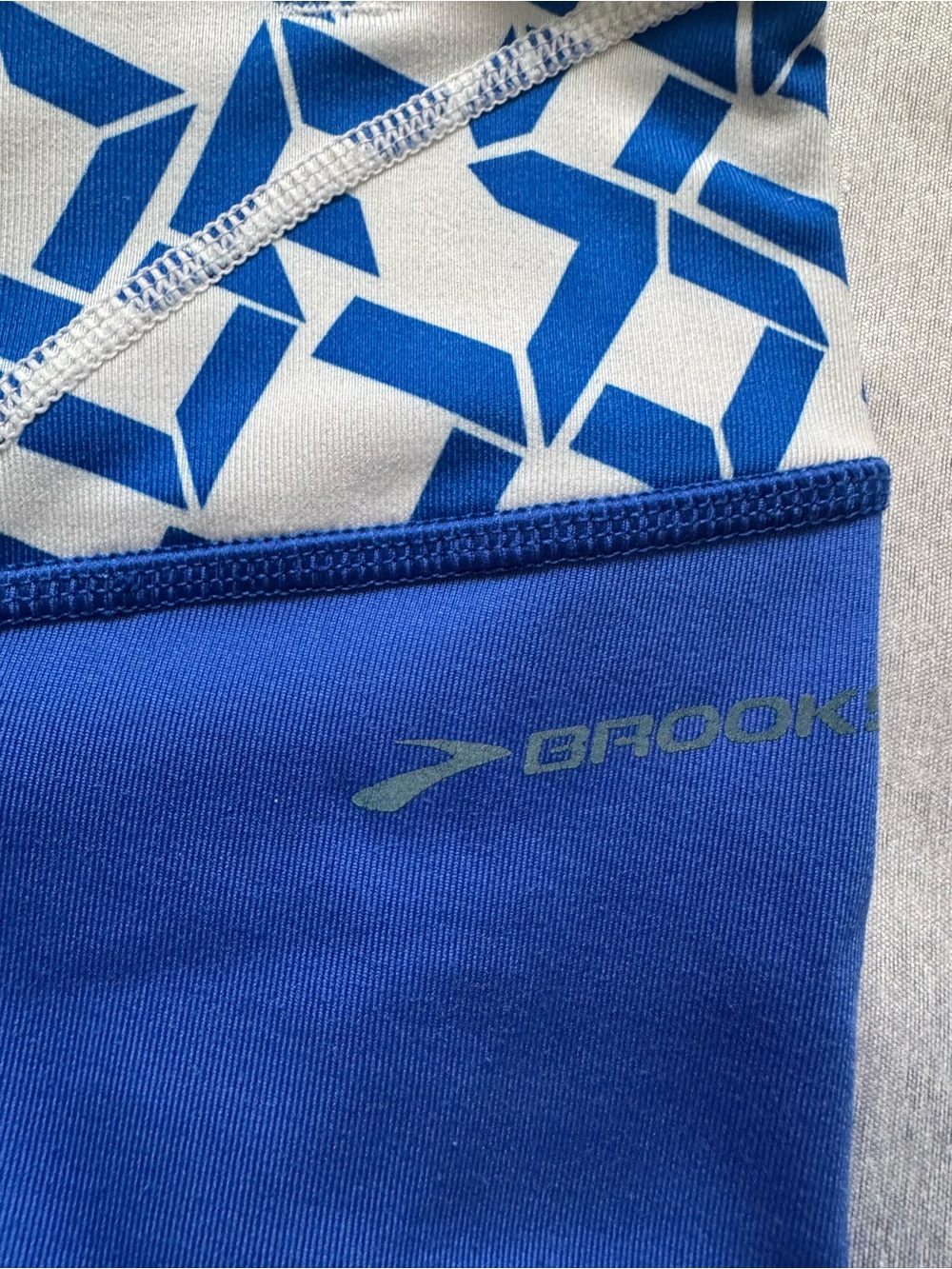 Brooks Royal Blue Geometric Pattern Waistband Capri Running Leggings S, EUC